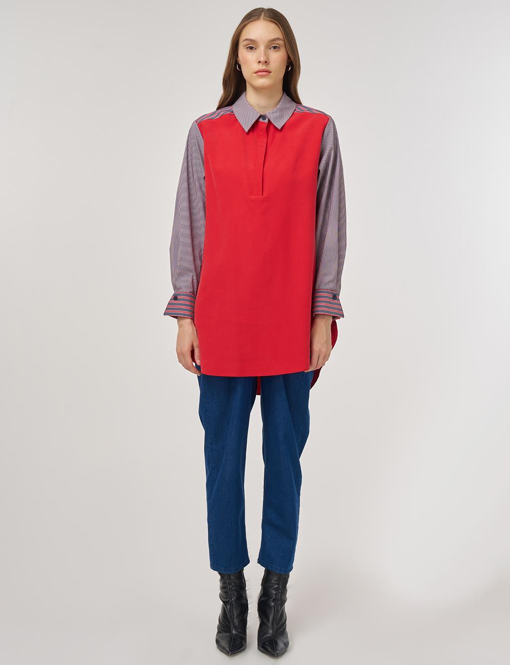 Fabric-Panel Rayon Sweatshirt Red