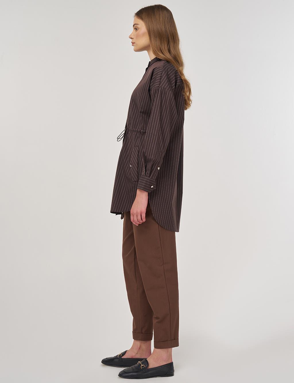 Mandarin Collar Cotton Tunic Dark Brown