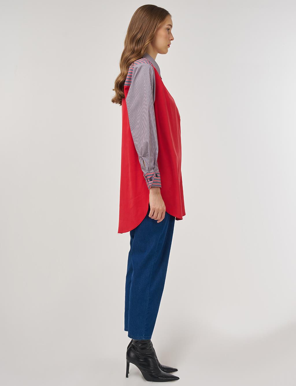 Fabric-Panel Rayon Sweatshirt Red
