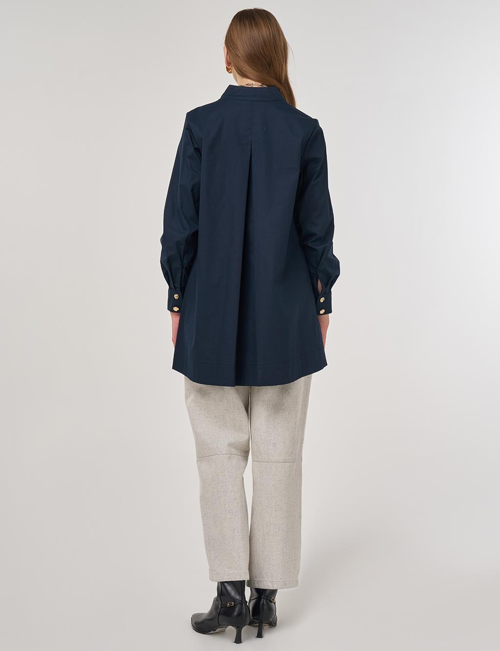 Shiny Buttoned Cotton Tunic Dark Navy 