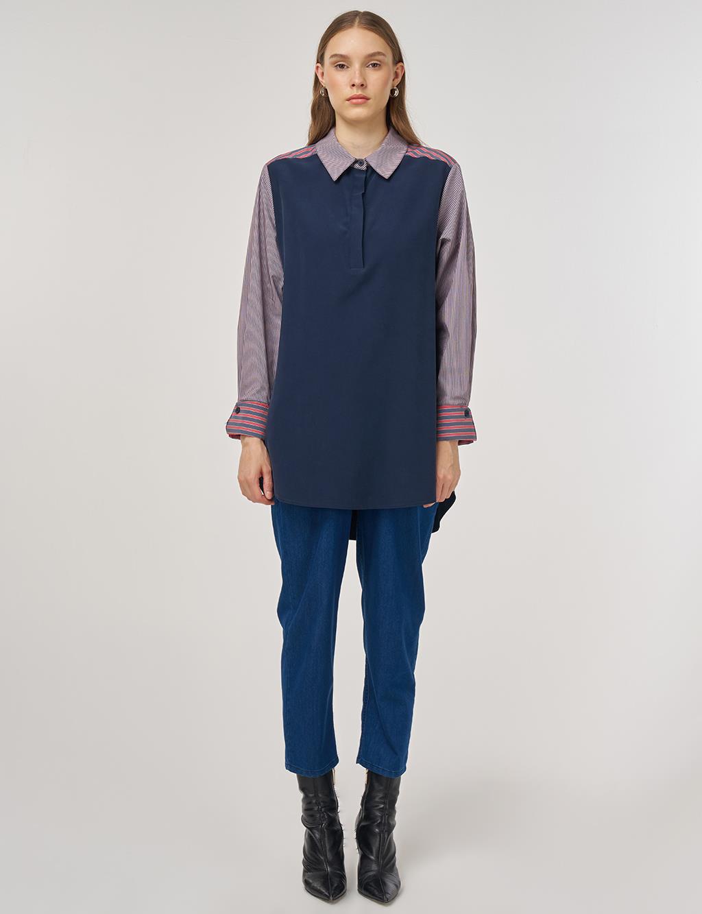 Fabric-Panel Rayon Sweatshirt Dark Navy 