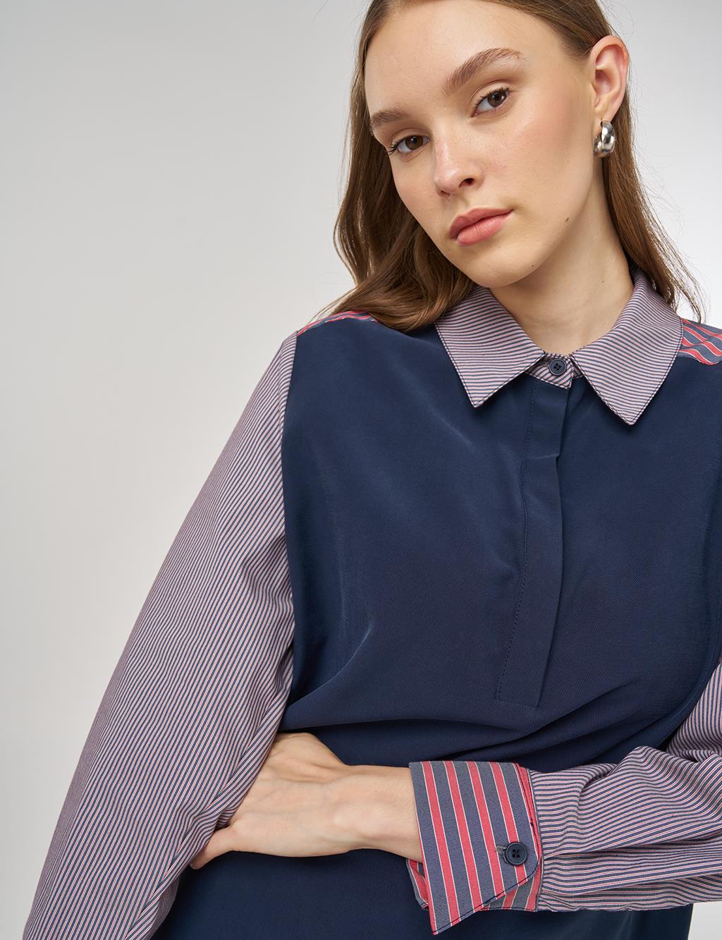 Fabric-Panel Rayon Sweatshirt Dark Navy 