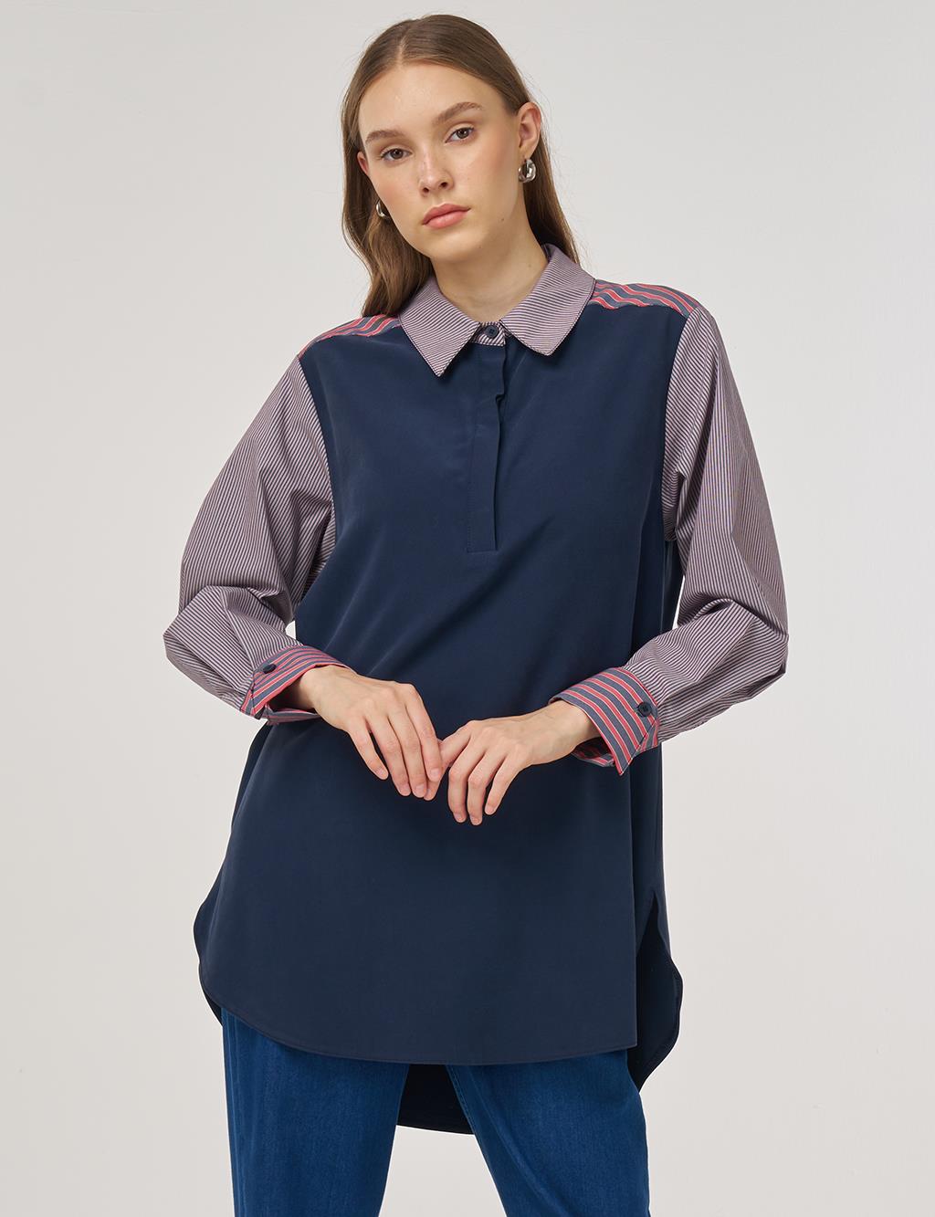 Fabric-Panel Rayon Sweatshirt Dark Navy 