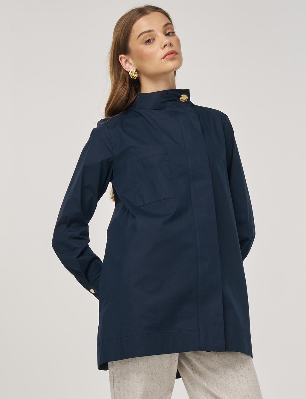 Shiny Buttoned Cotton Tunic Dark Navy 