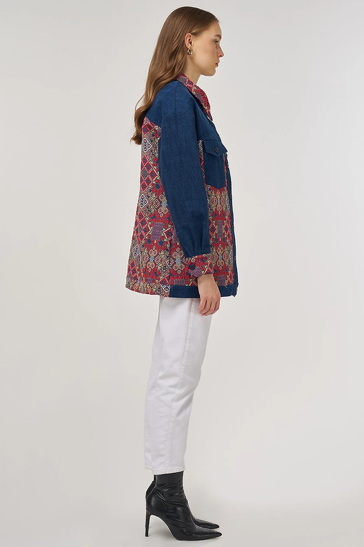 Desenli Denim Ceket İndigo 