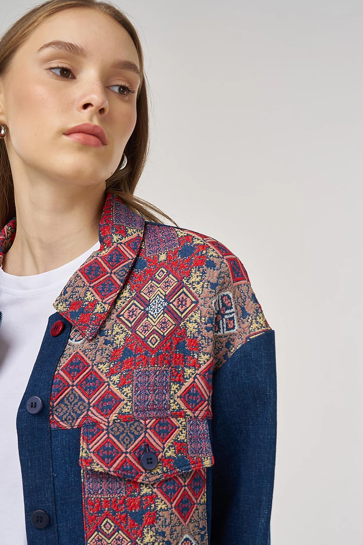 Desenli Denim Ceket İndigo 