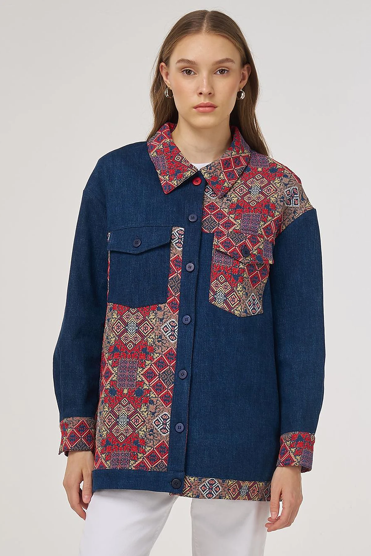 Desenli Denim Ceket İndigo 