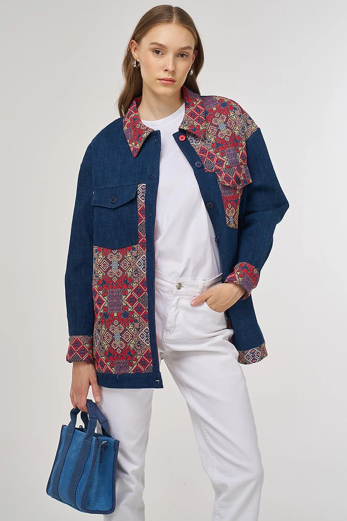 Desenli Denim Ceket İndigo 