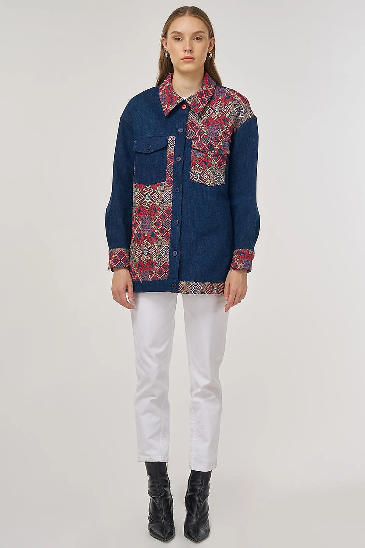 Desenli Denim Ceket İndigo 