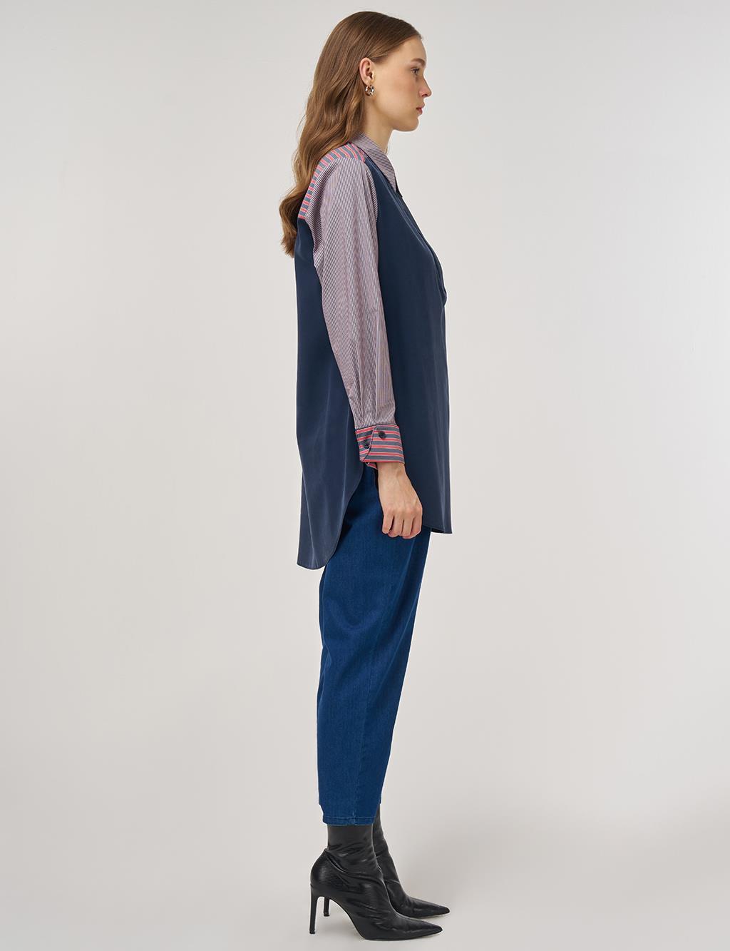 Fabric-Panel Rayon Sweatshirt Dark Navy 