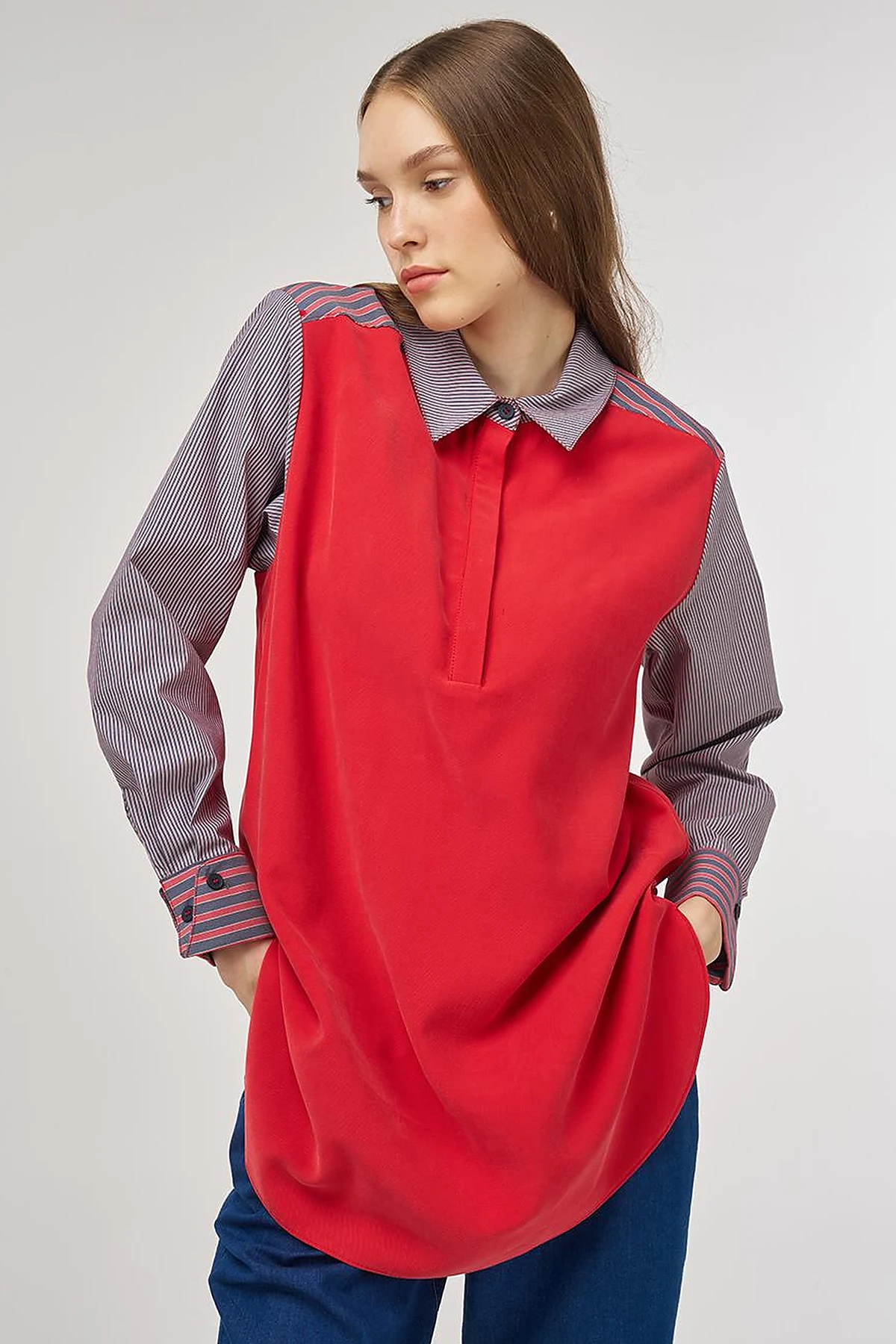 Fabric-Panel Rayon Sweatshirt Red