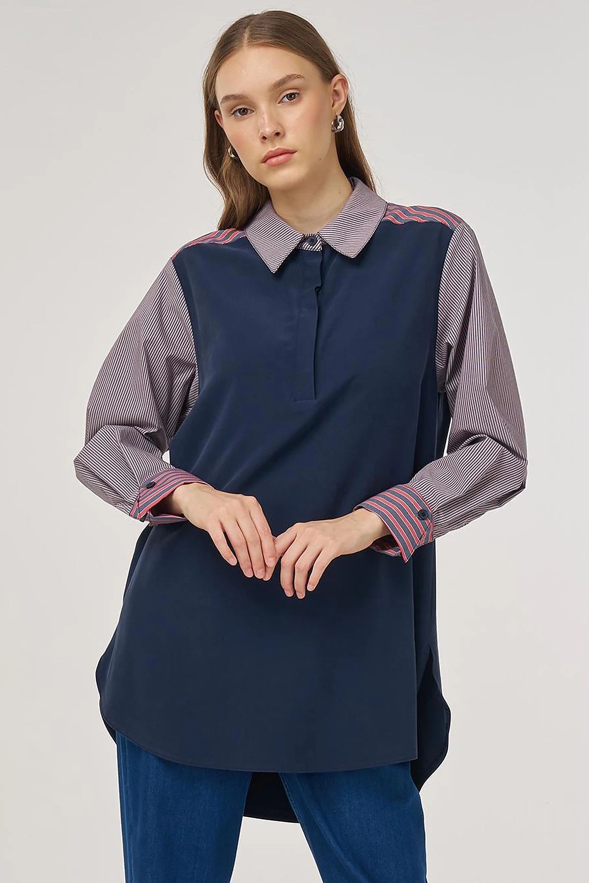 Fabric-Panel Rayon Sweatshirt Dark Navy 