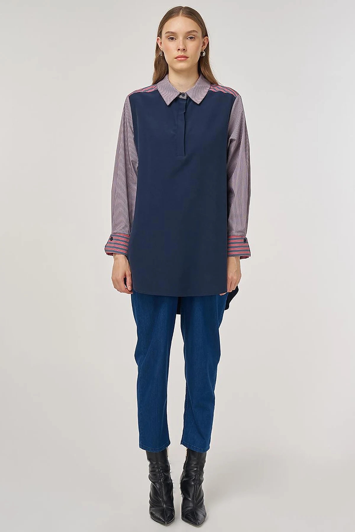 Fabric-Panel Rayon Sweatshirt Dark Navy 