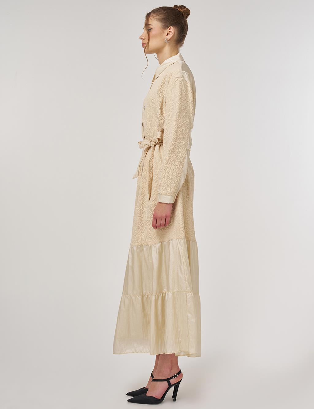 Düğme Detaylı Pamuklu Elbise Açık Sarı 