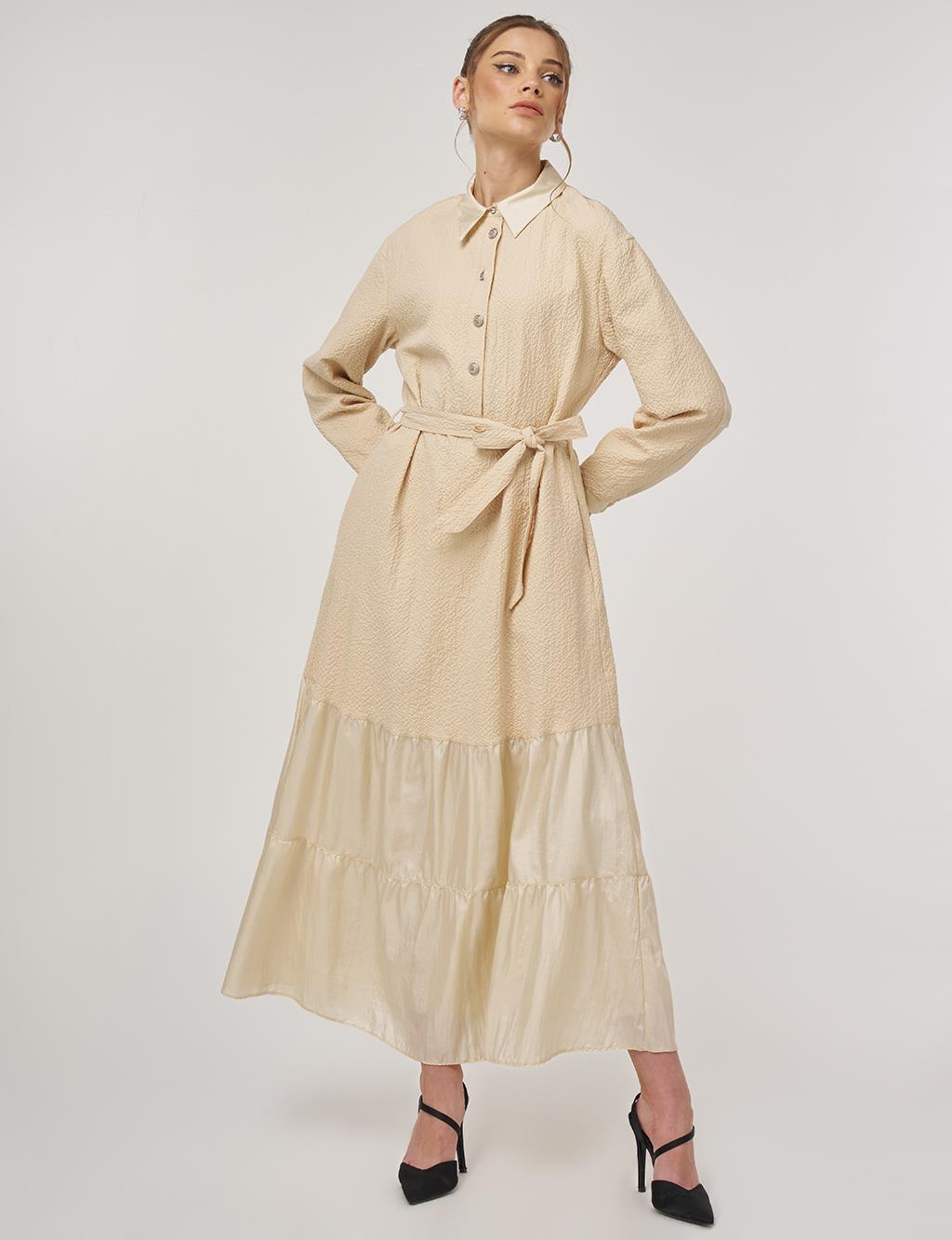 Düğme Detaylı Pamuklu Elbise Açık Sarı 