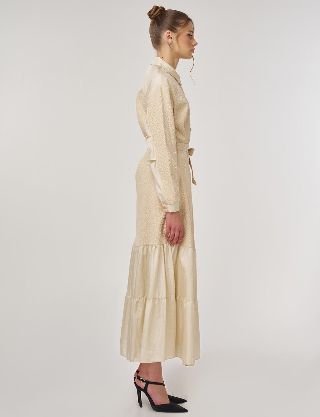 Düğme Detaylı Pamuklu Elbise Açık Sarı 