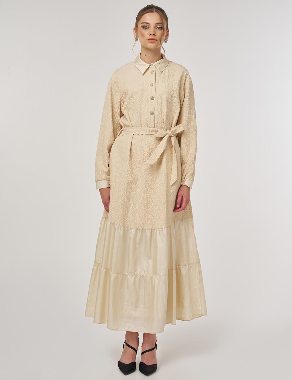 Düğme Detaylı Pamuklu Elbise Açık Sarı 