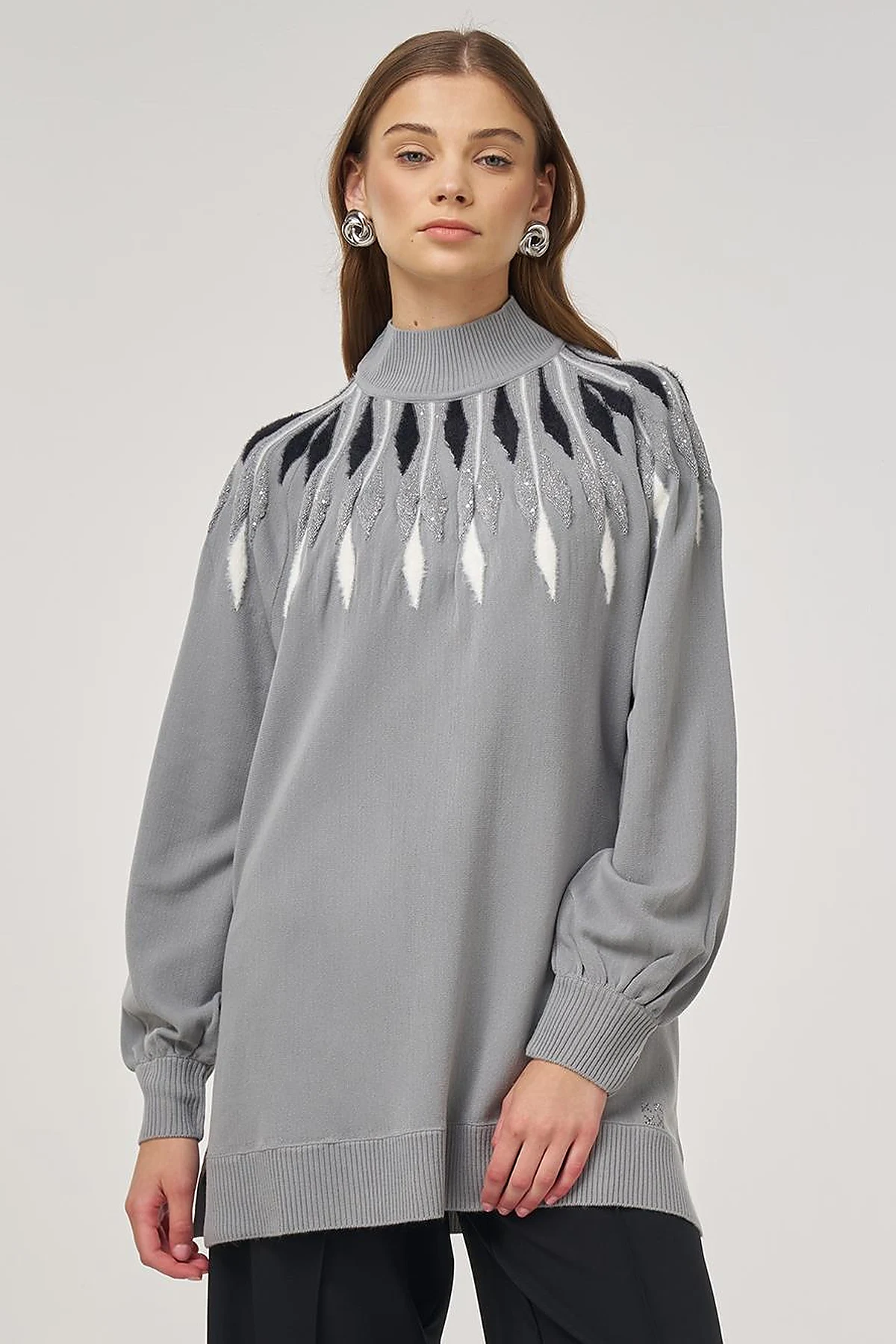 Balloon Sleeve Knit Tunic Gray 