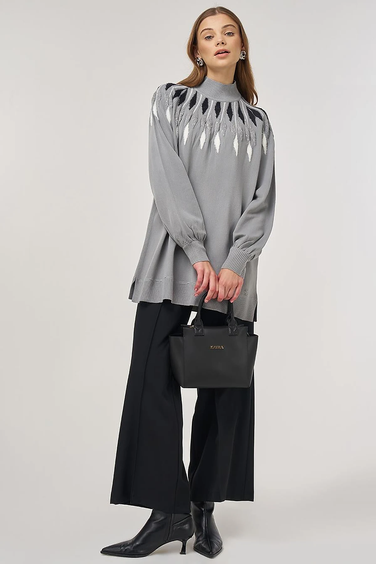 Balloon Sleeve Knit Tunic Gray 