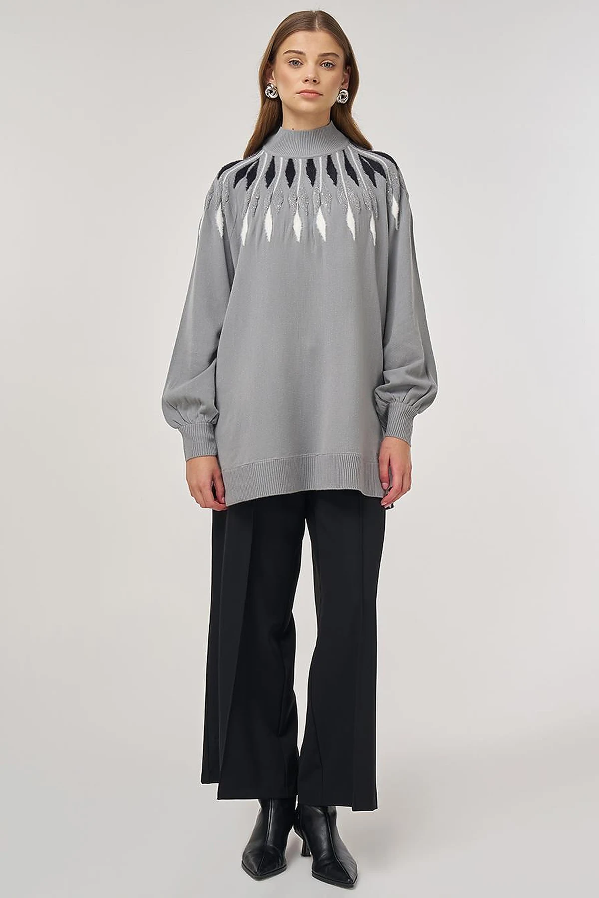 Balloon Sleeve Knit Tunic Gray 