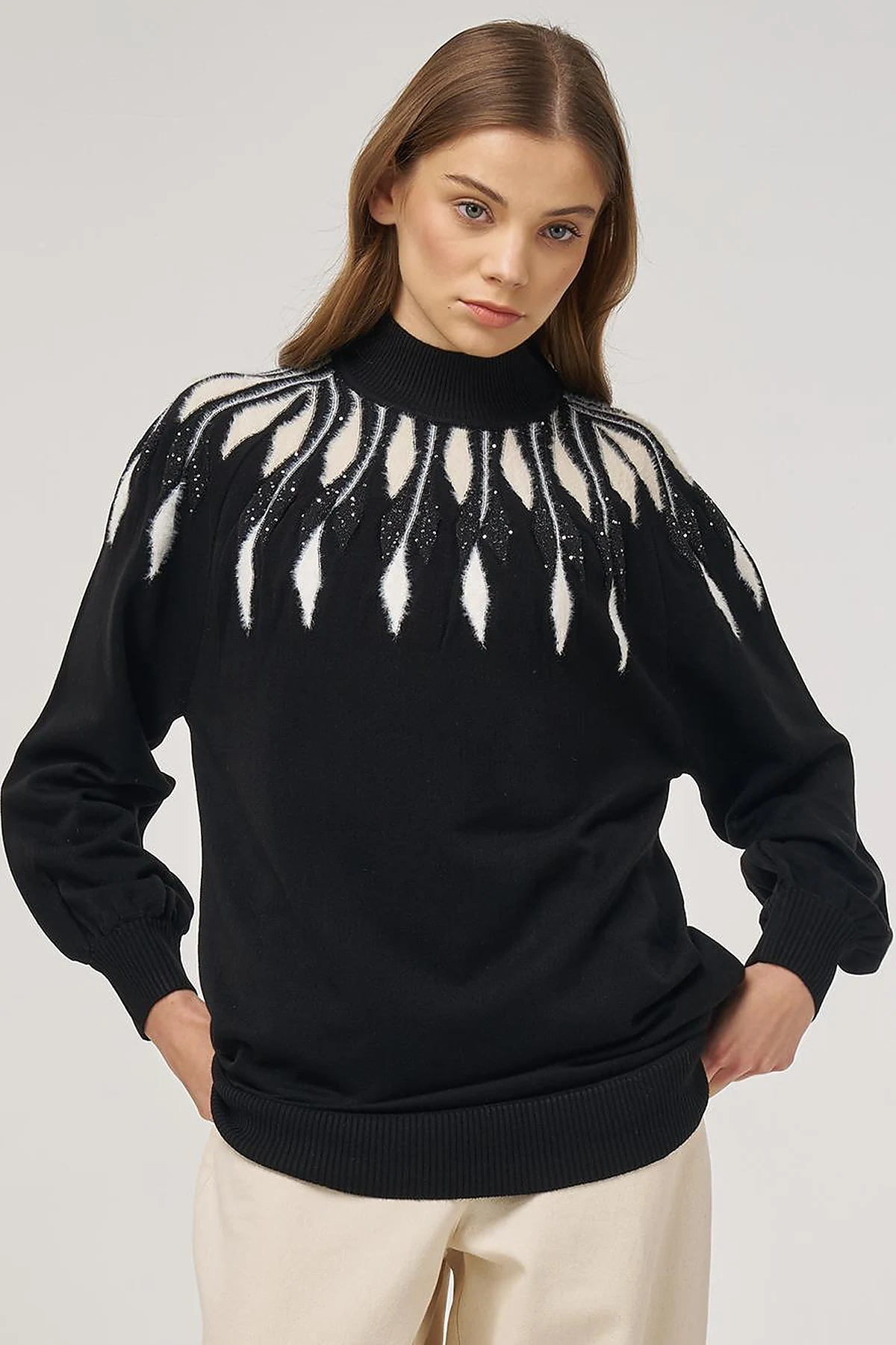 Balloon Sleeve Knit Tunic Black