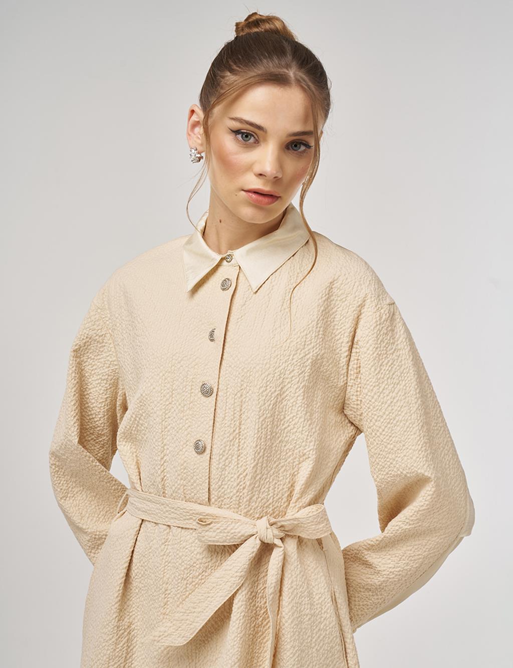 Düğme Detaylı Pamuklu Elbise Açık Sarı 