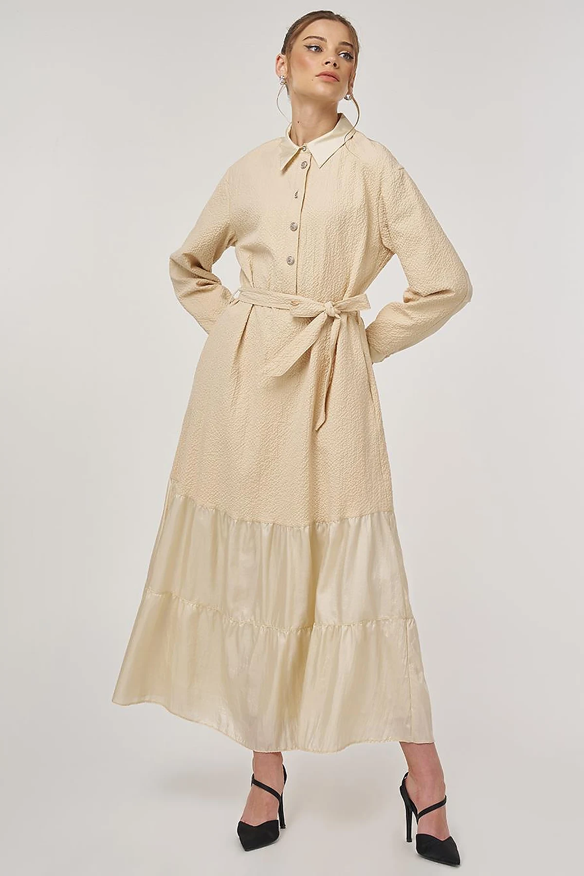 Button-Detail Cotton Dress Light Yellow