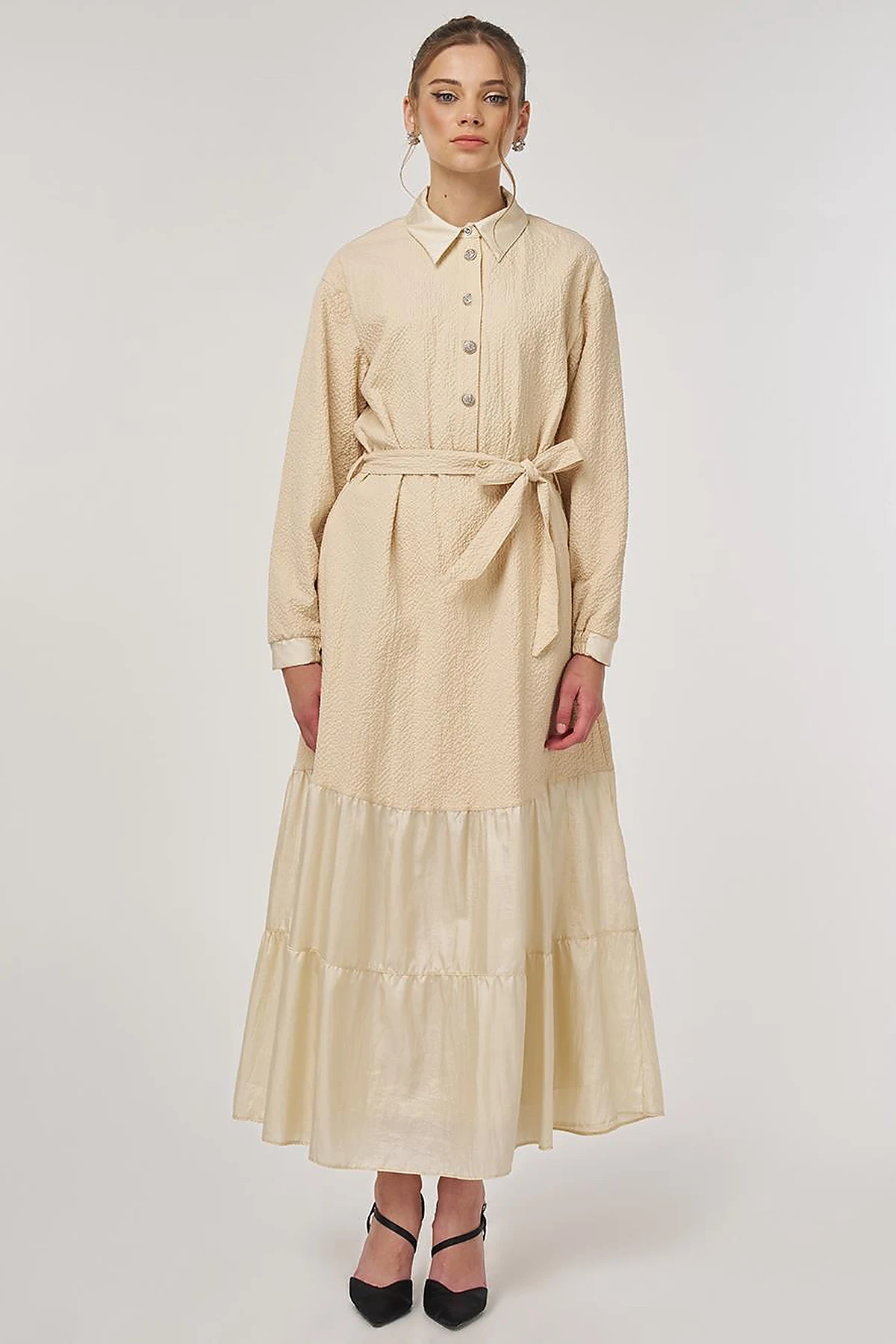 Button-Detail Cotton Dress Light Yellow