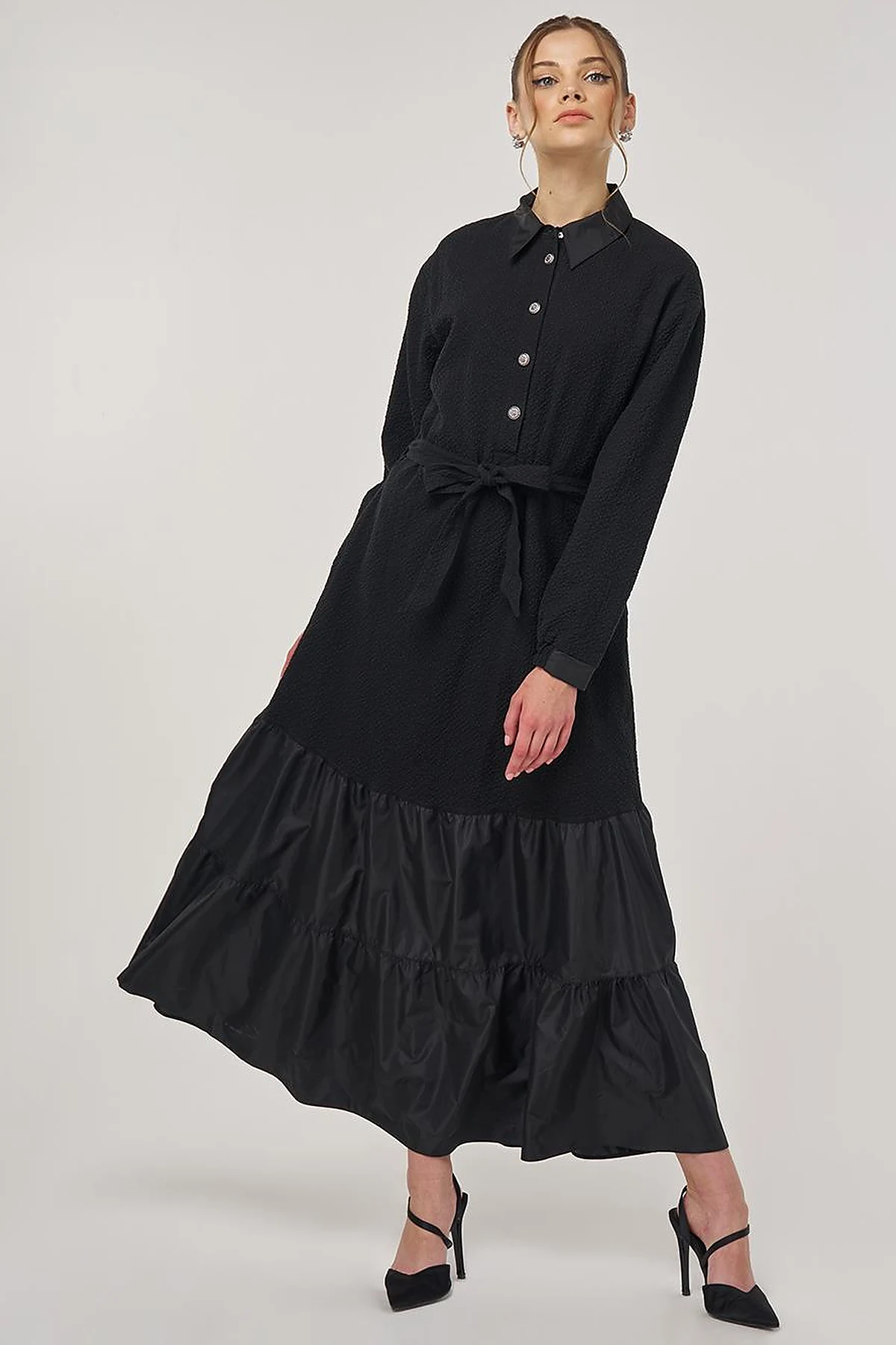 Button-Detail Cotton Dress Black