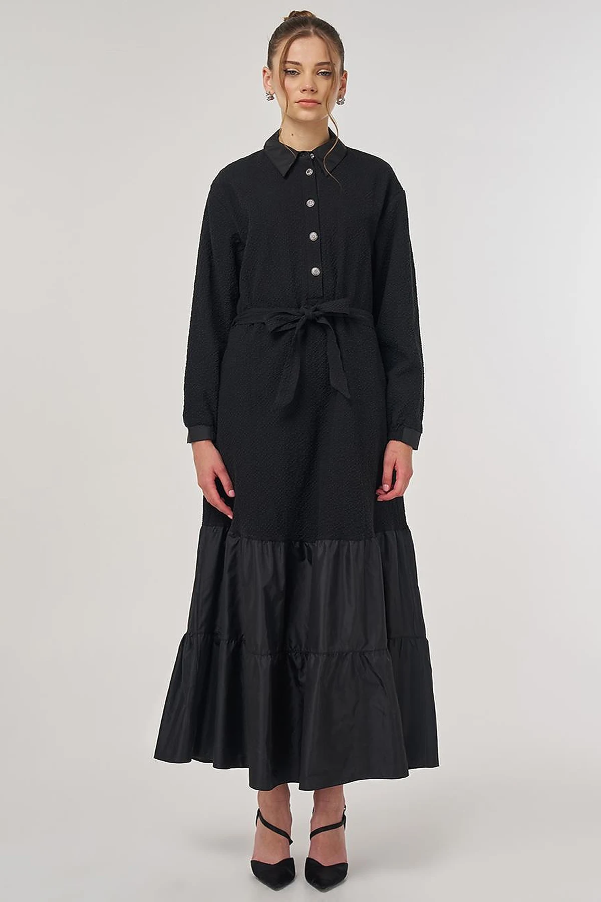 Button-Detail Cotton Dress Black