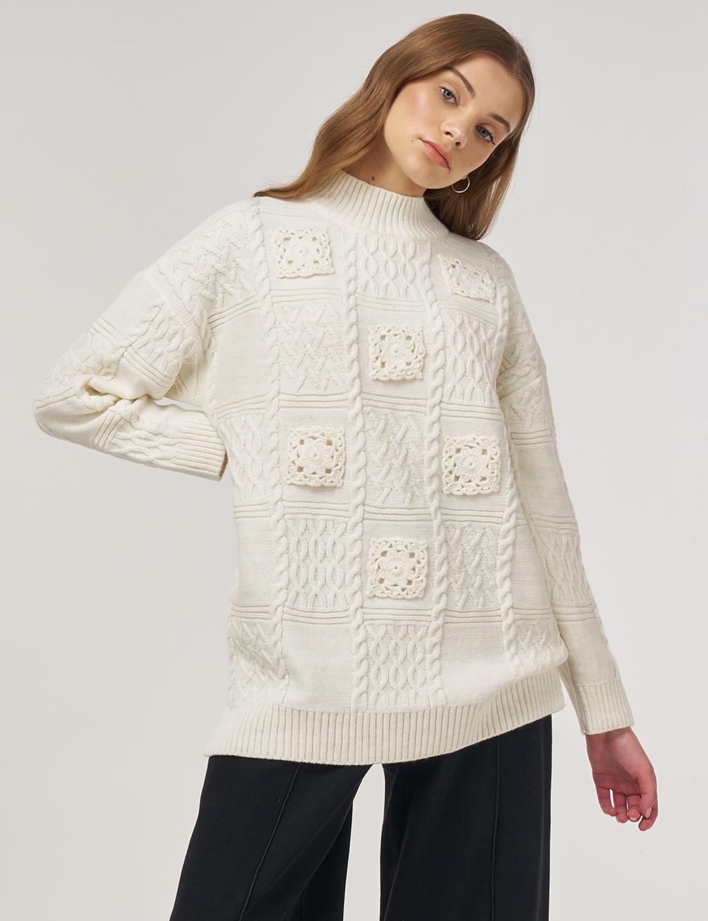 Crochet-Trim Knit Tunic Ecru 