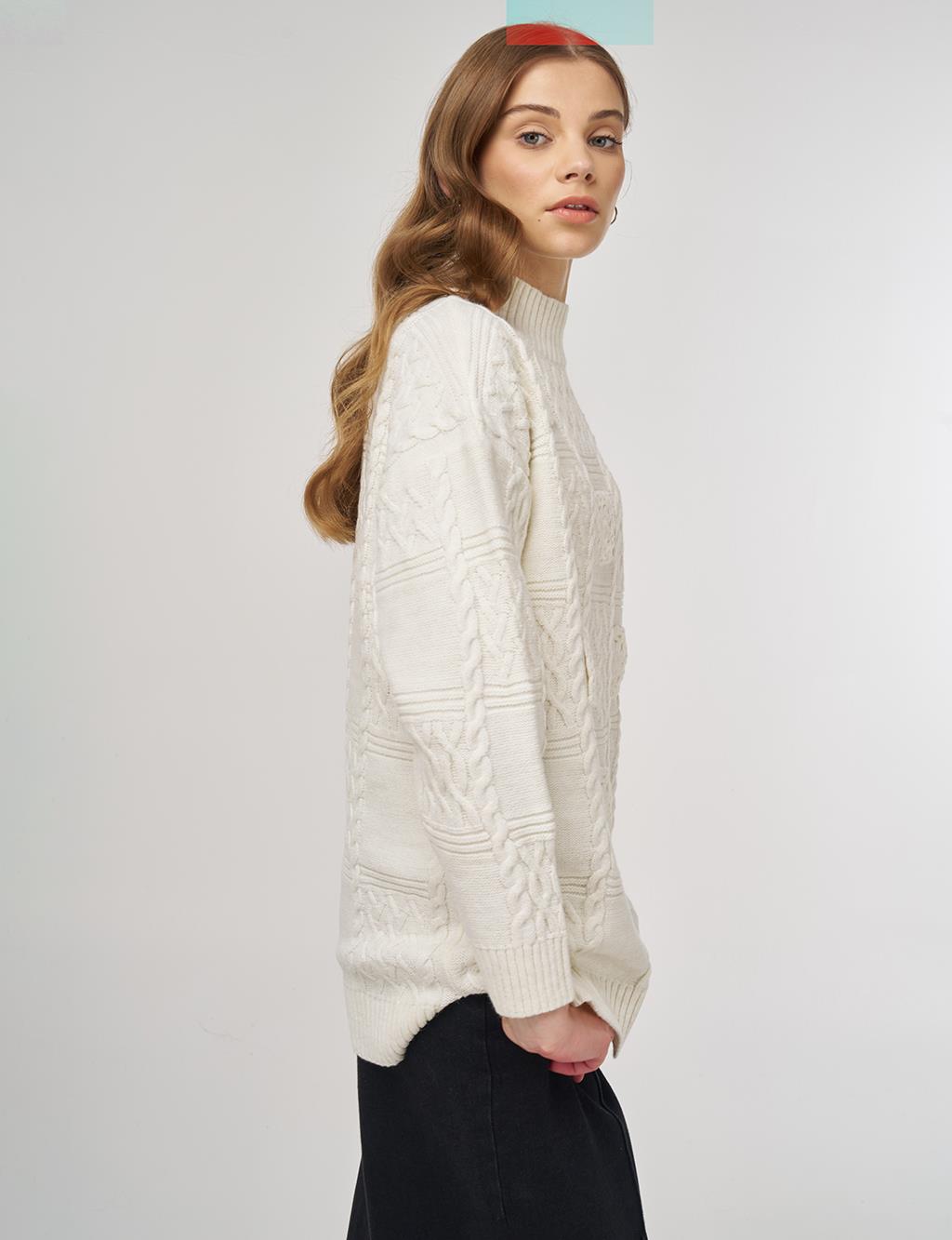 Crochet-Trim Knit Tunic Ecru 