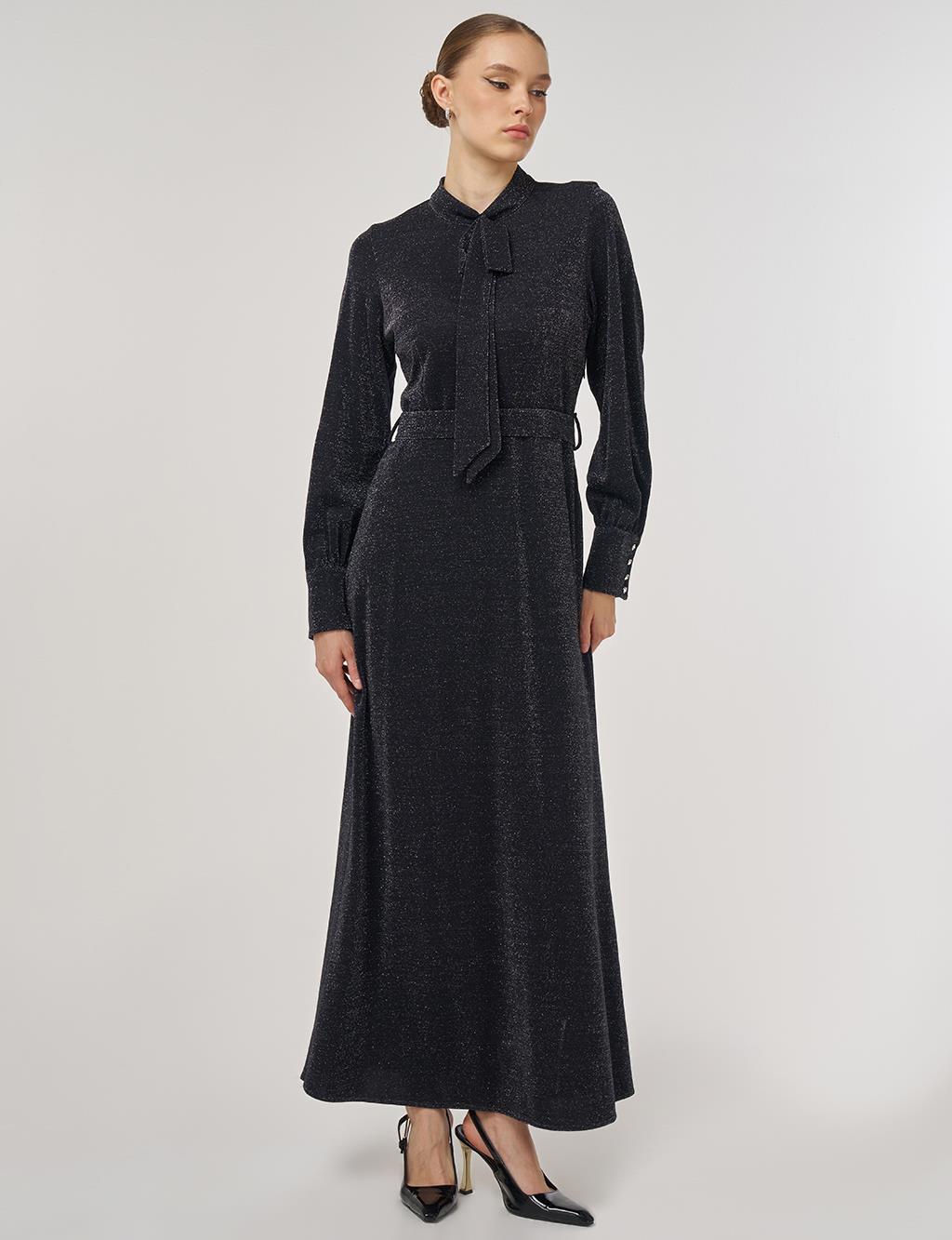 Scarf-Collar Elegant Dress Black