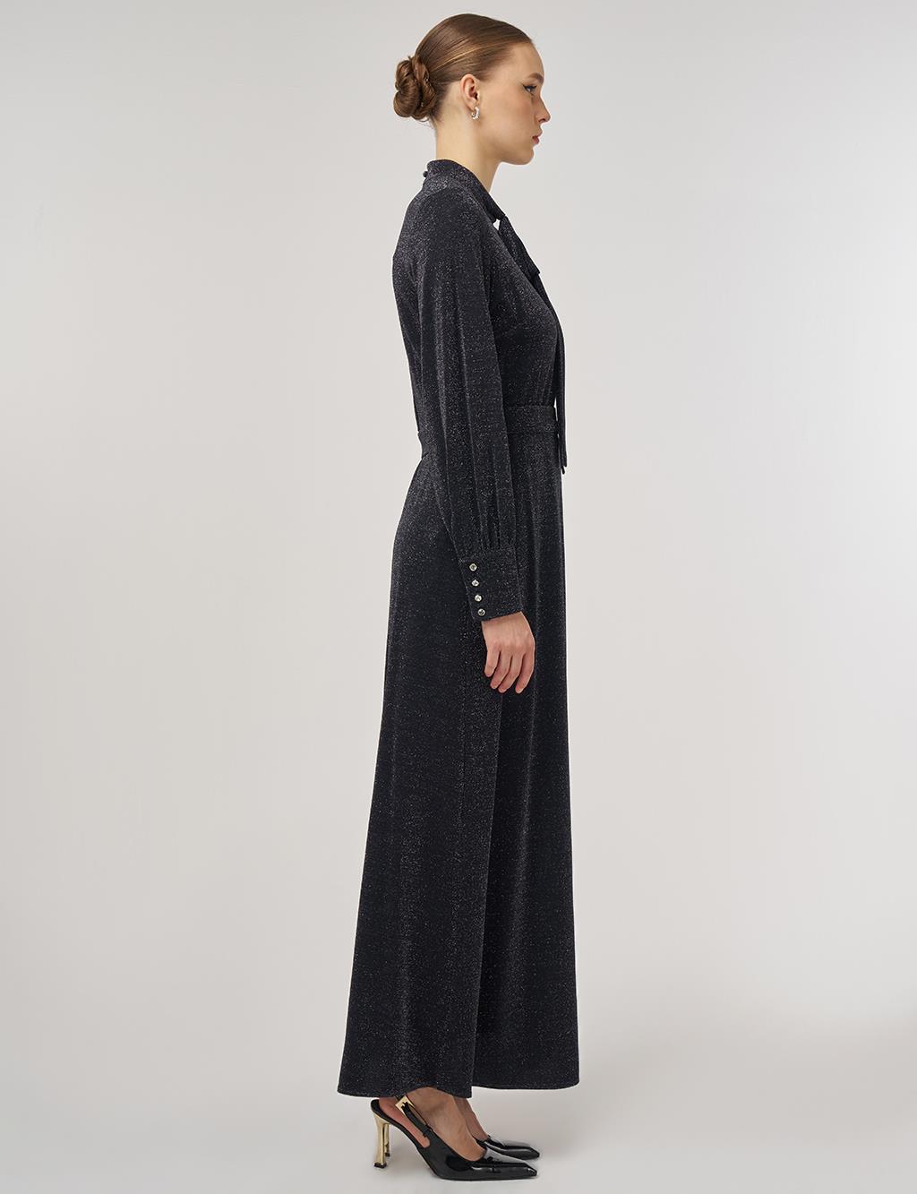 Scarf-Collar Elegant Dress Black