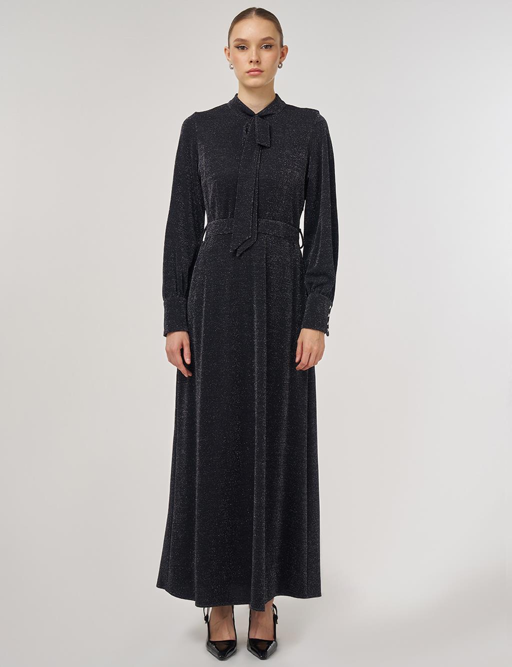 Scarf-Collar Elegant Dress Black