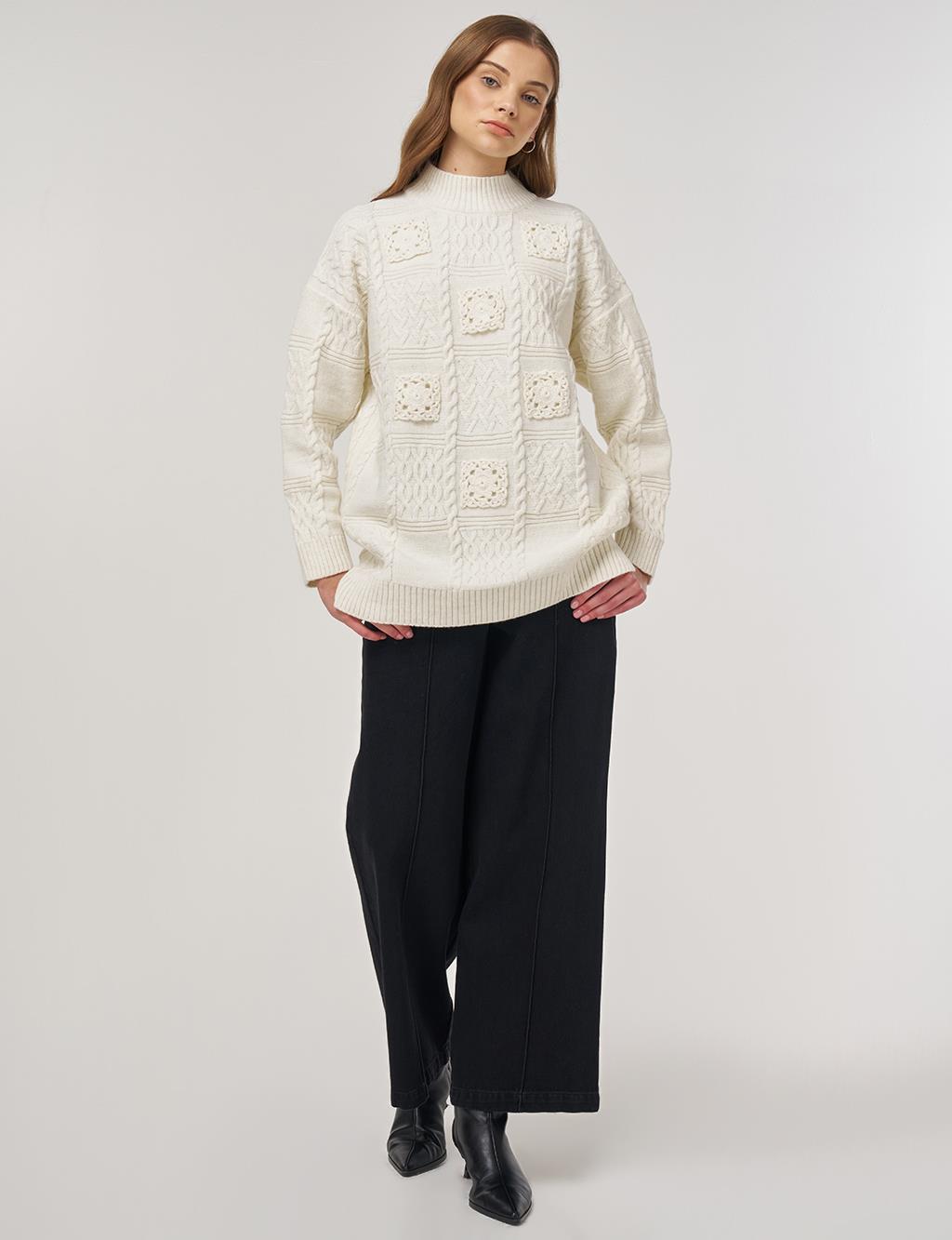 Crochet-Trim Knit Tunic Ecru 