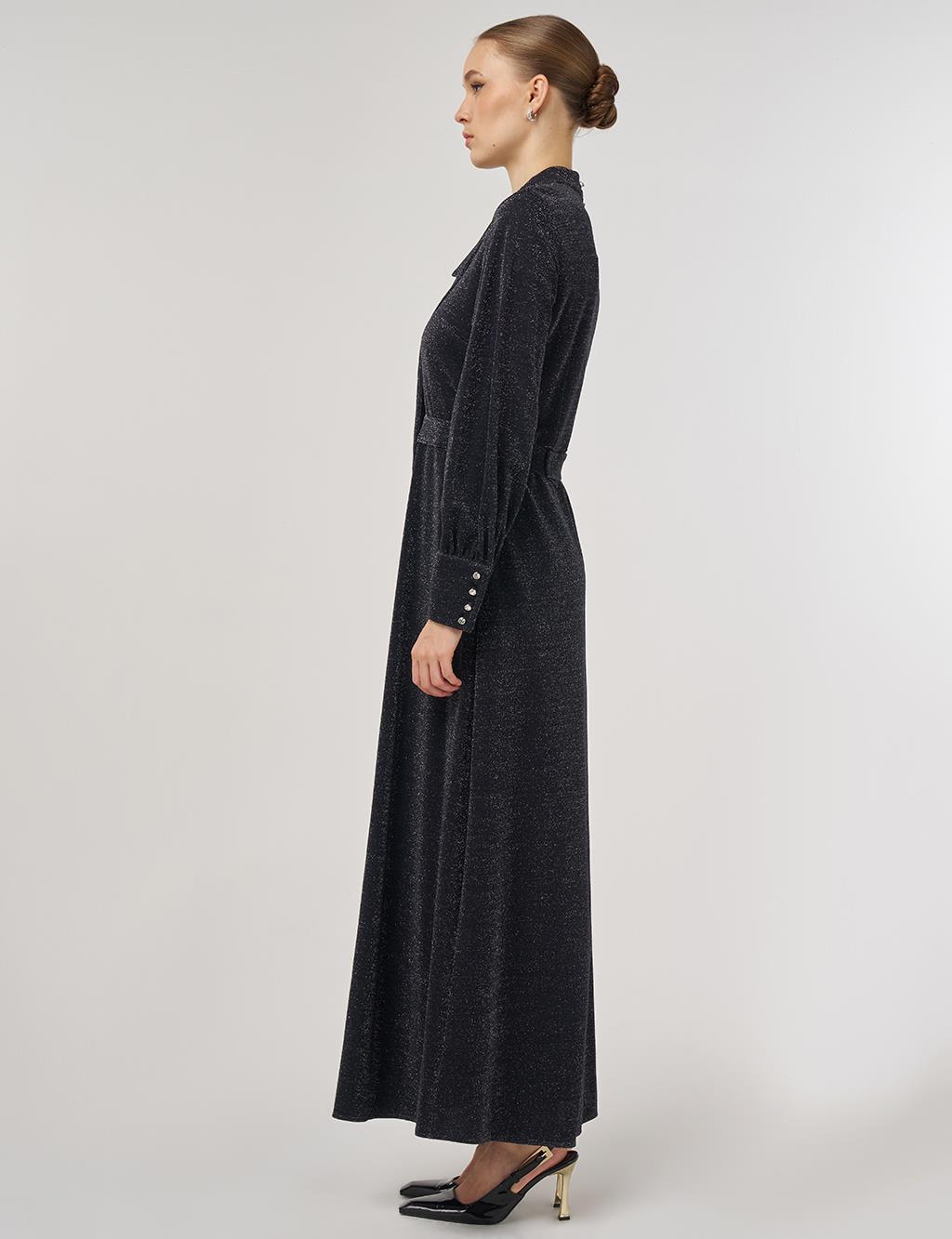 Scarf-Collar Elegant Dress Black