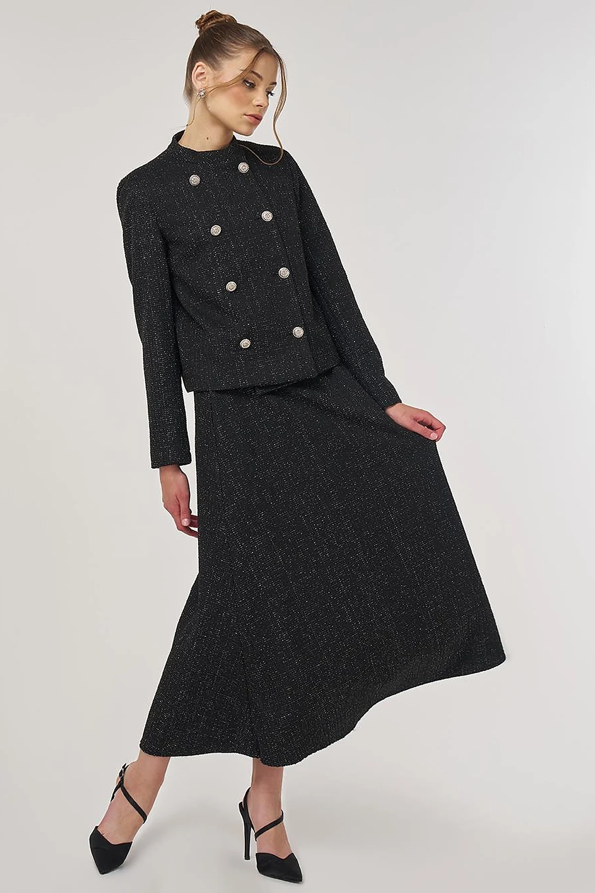Button-Detail Skirted Set Black
