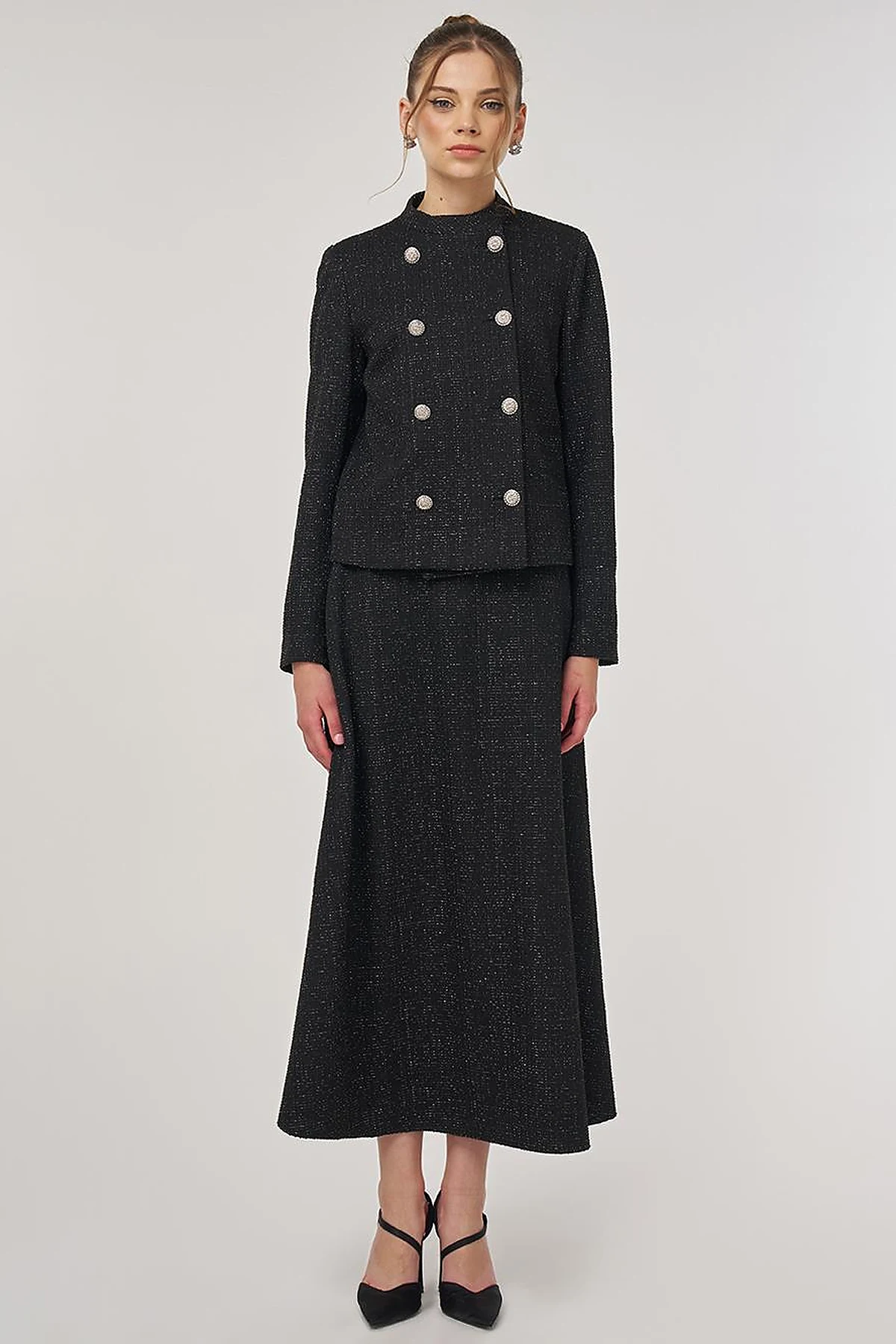 Button-Detail Skirted Set Black