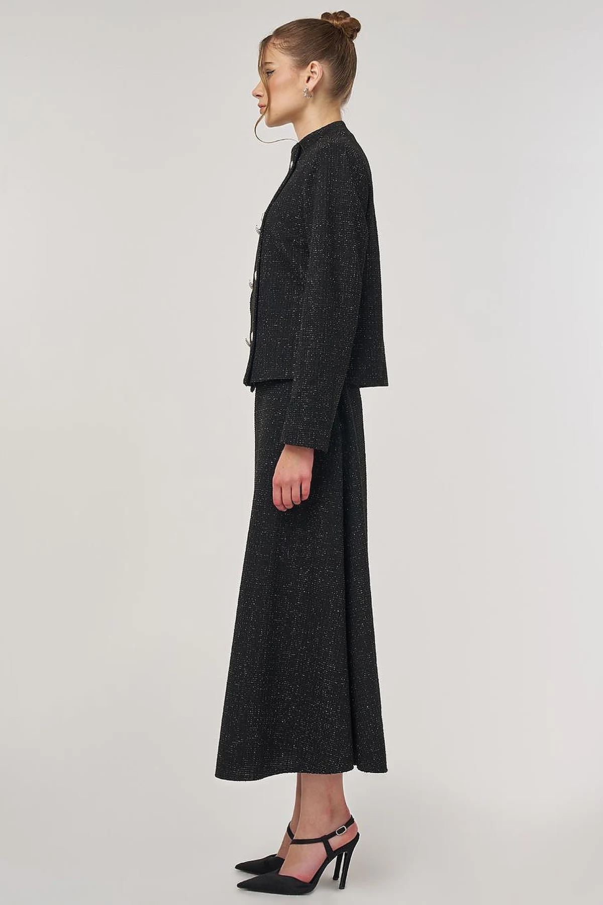 Button-Detail Skirted Set Black