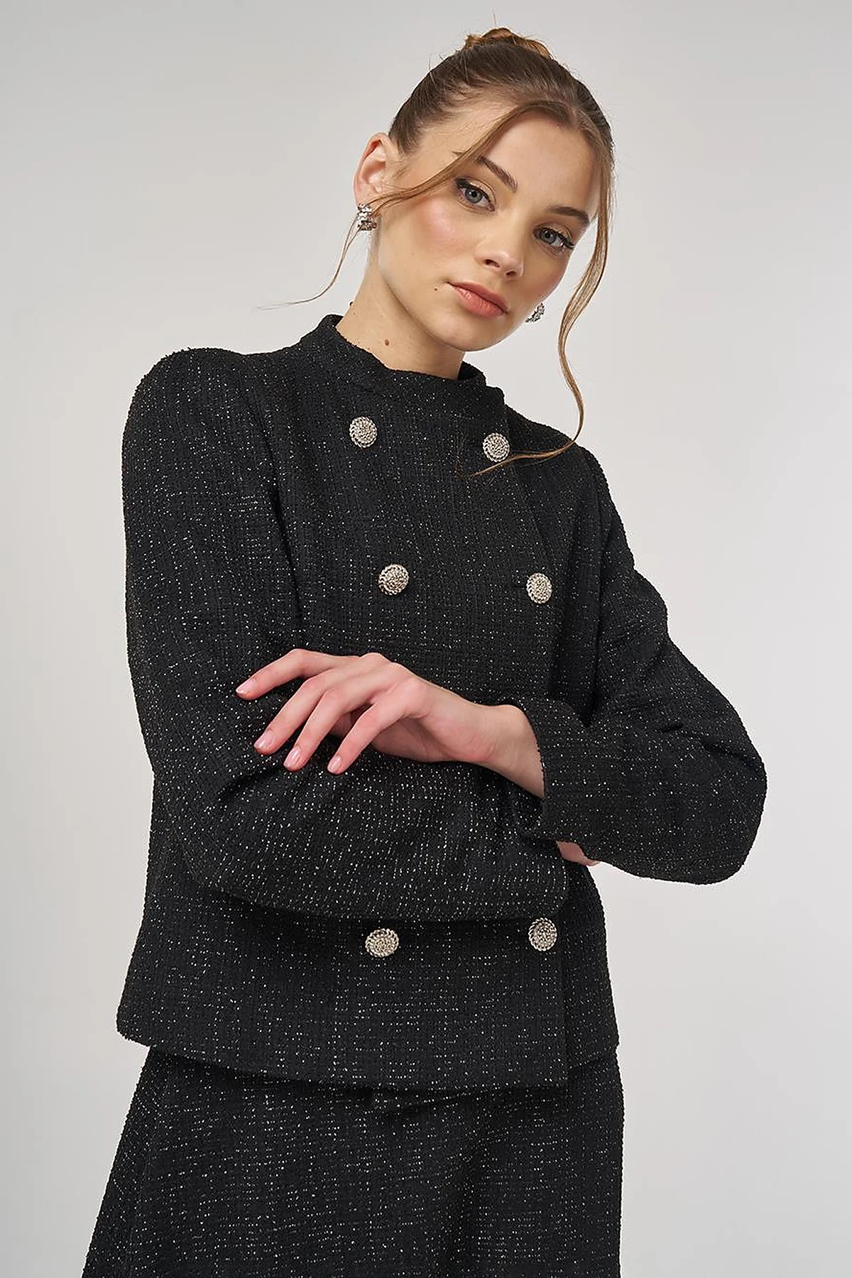 Button-Detail Skirted Set Black