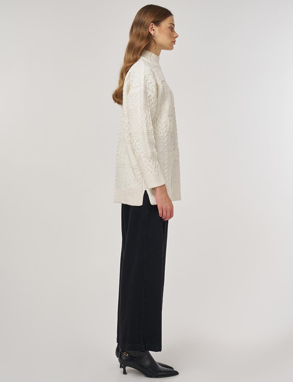 Crochet-Trim Knit Tunic Ecru 