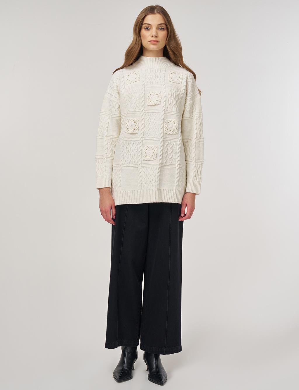 Crochet-Trim Knit Tunic Ecru 