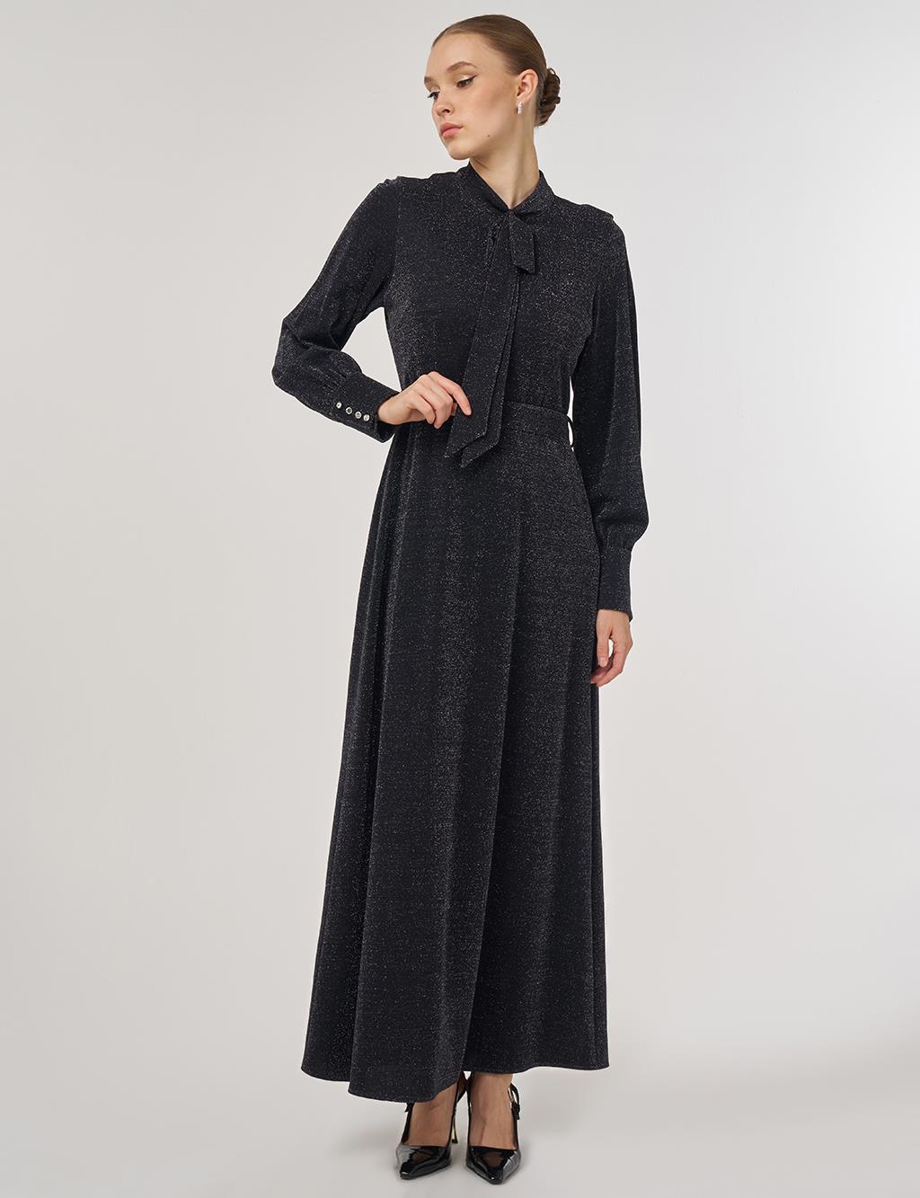 Scarf-Collar Elegant Dress Black