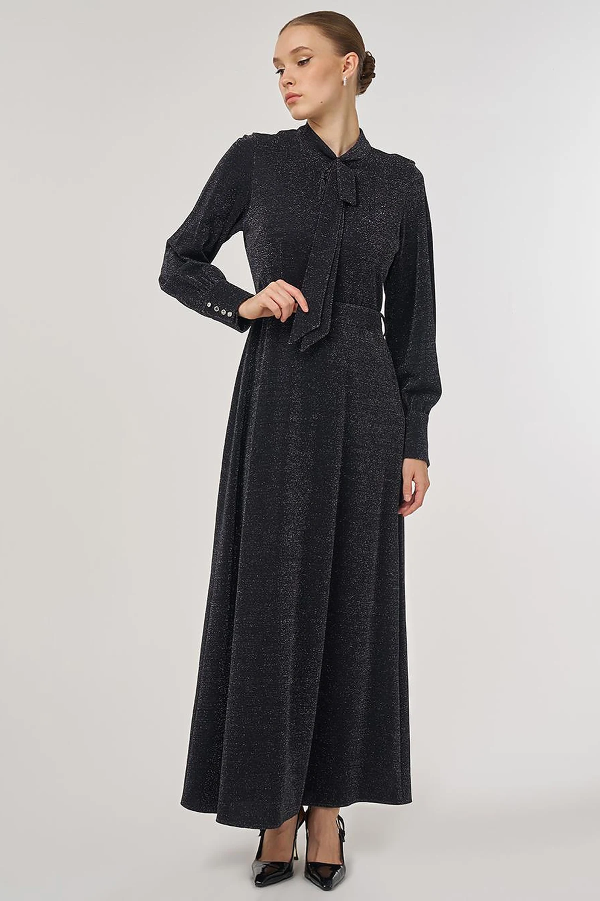 Scarf-Collar Elegant Dress Black