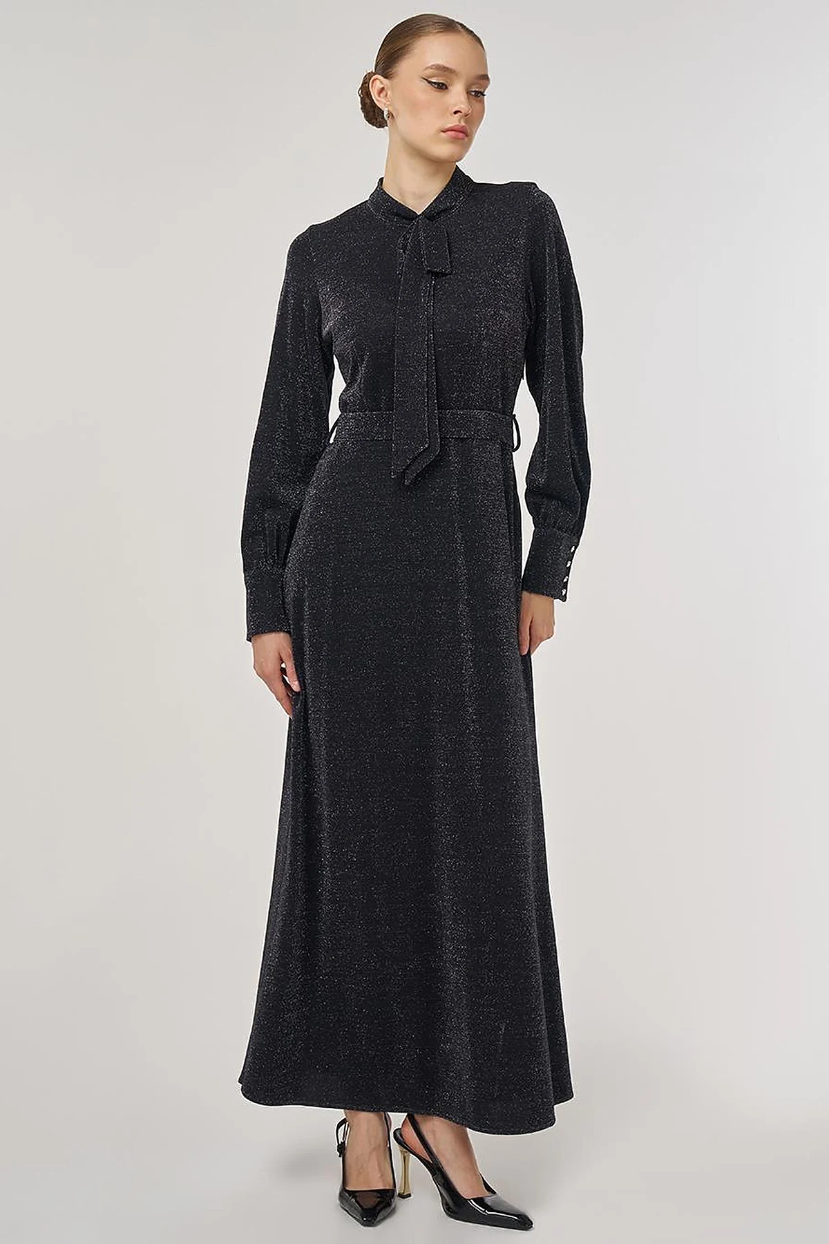 Scarf-Collar Elegant Dress Black