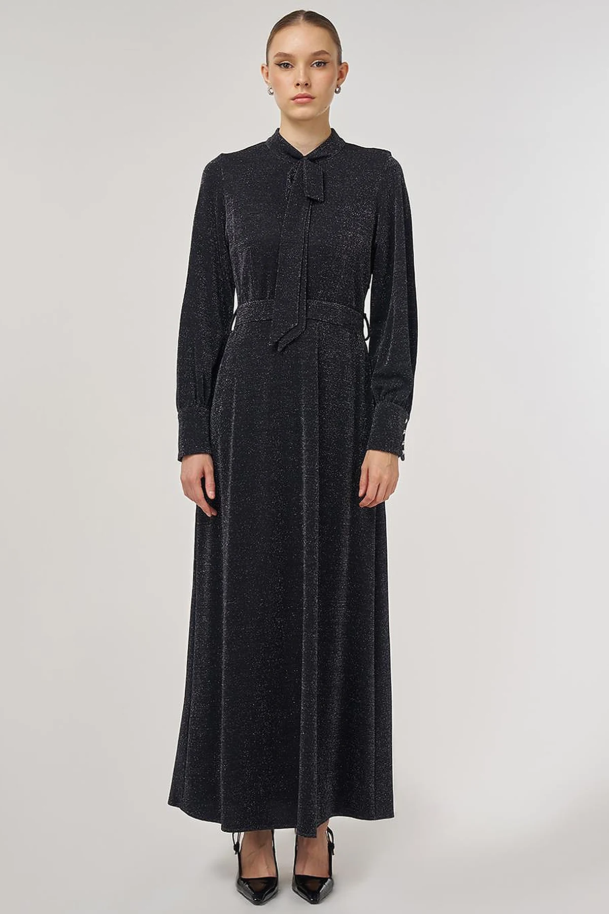 Scarf-Collar Elegant Dress Black