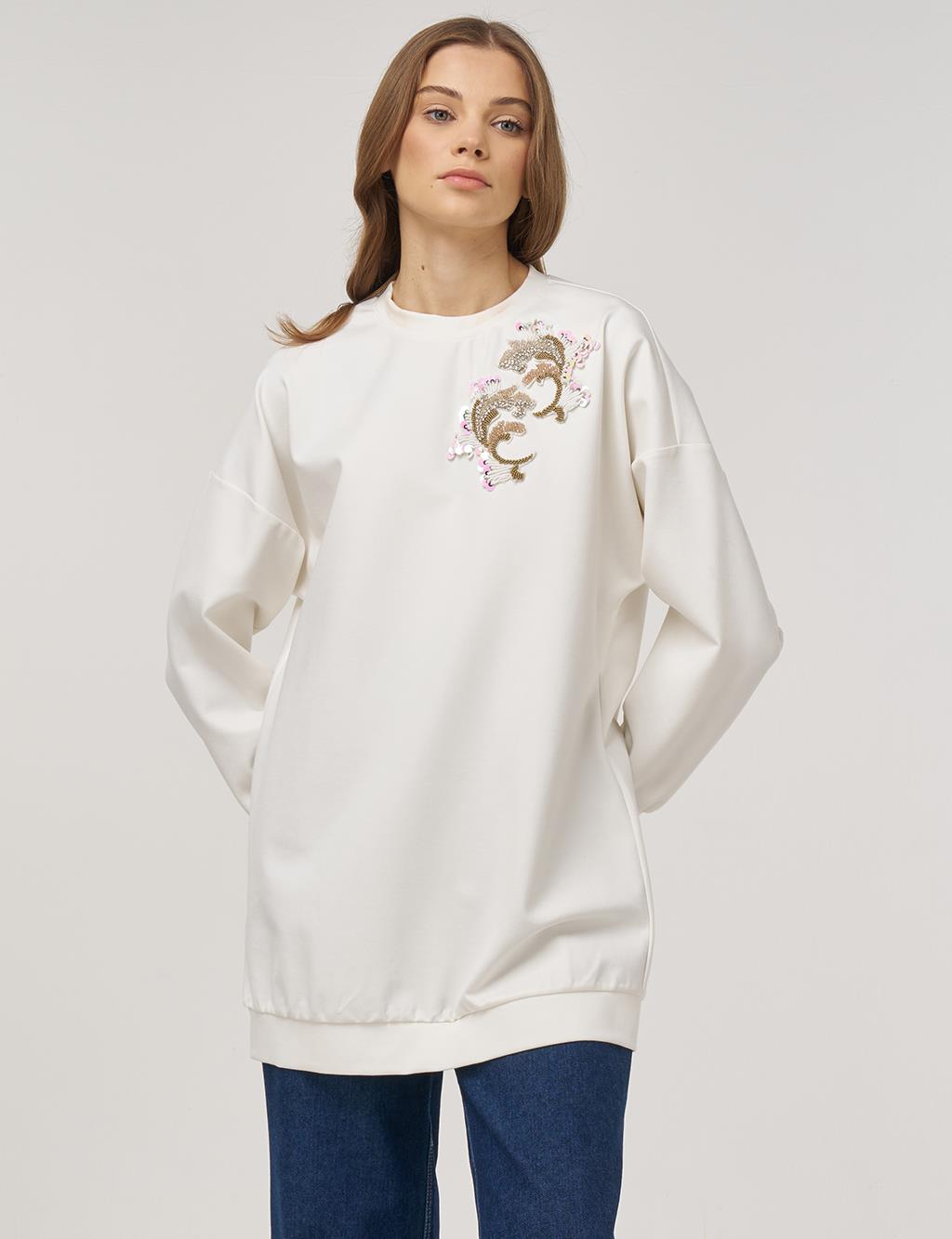 Embroidered Scuba Sweatshirt Ecru