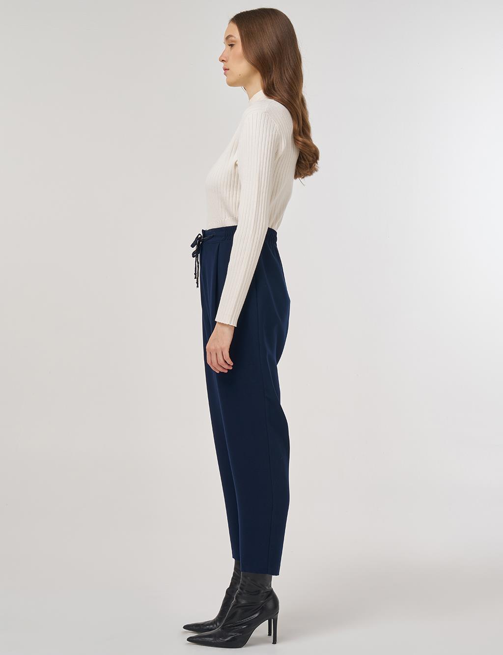 Bağcıklı Viskon Pantolon Koyu Lacivert 