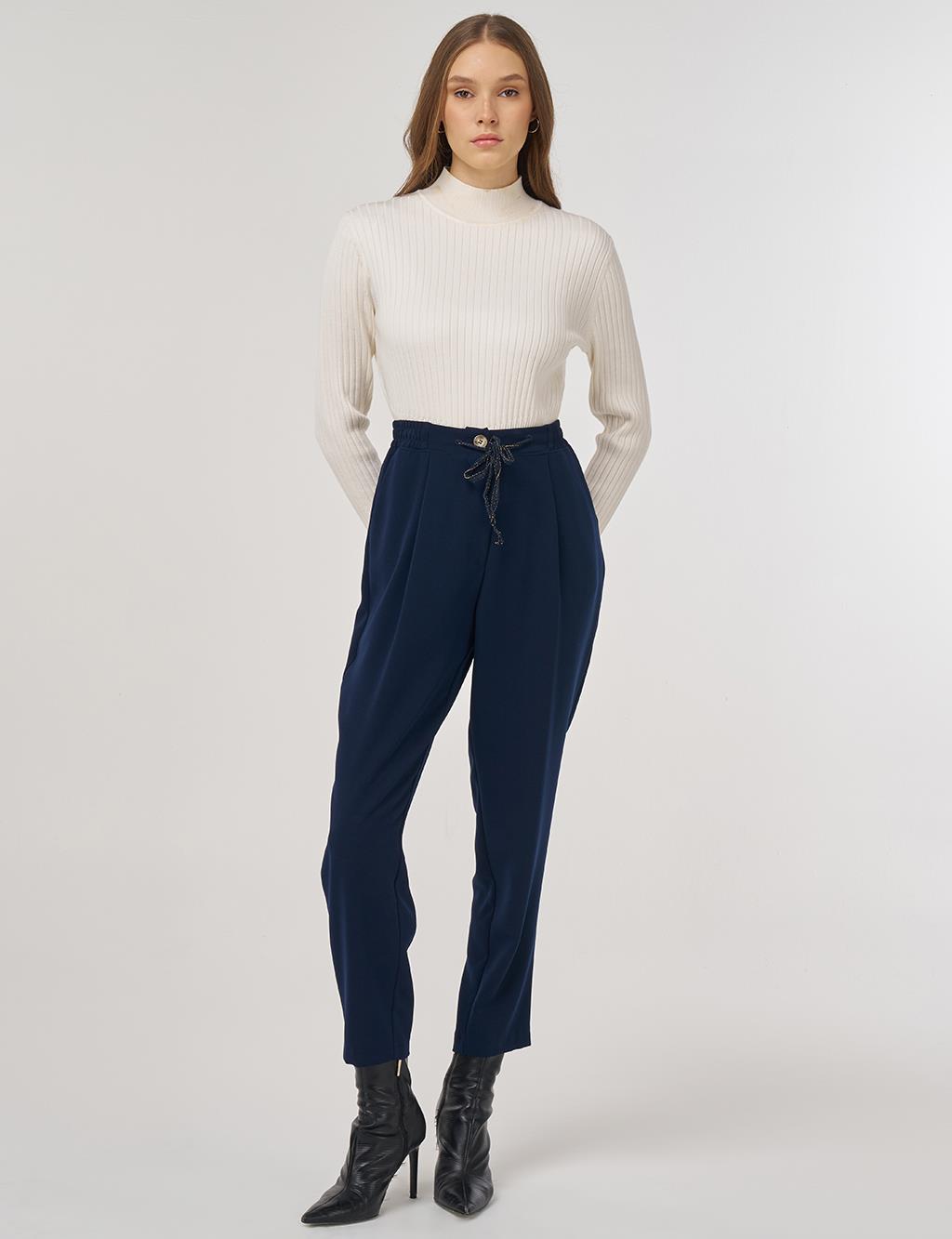 Bağcıklı Viskon Pantolon Koyu Lacivert 